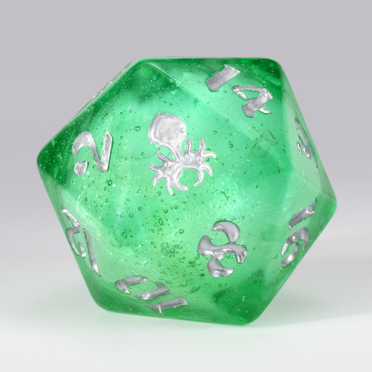 34 mm Green Liquid Core Silver Glitter Single D20 with Silver Ink